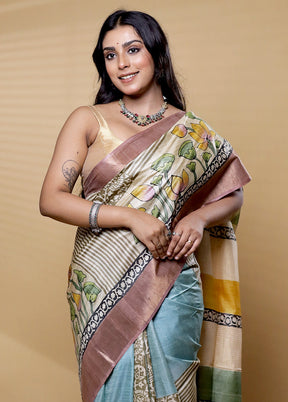 Multicolor Handloom Tussar Pure Silk Saree With Blouse Piece