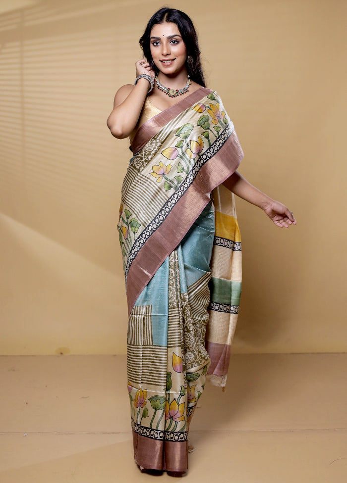 Multicolor Handloom Tussar Pure Silk Saree With Blouse Piece