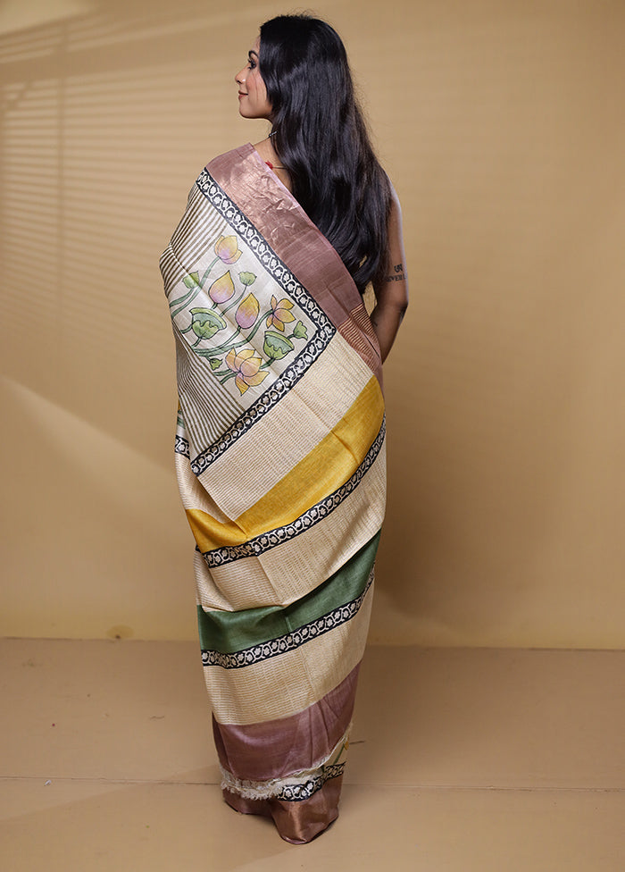 Multicolor Handloom Tussar Pure Silk Saree With Blouse Piece