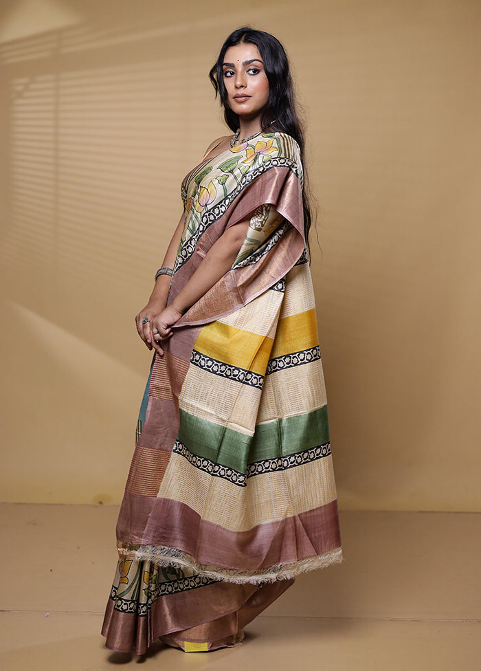 Multicolor Handloom Tussar Pure Silk Saree With Blouse Piece