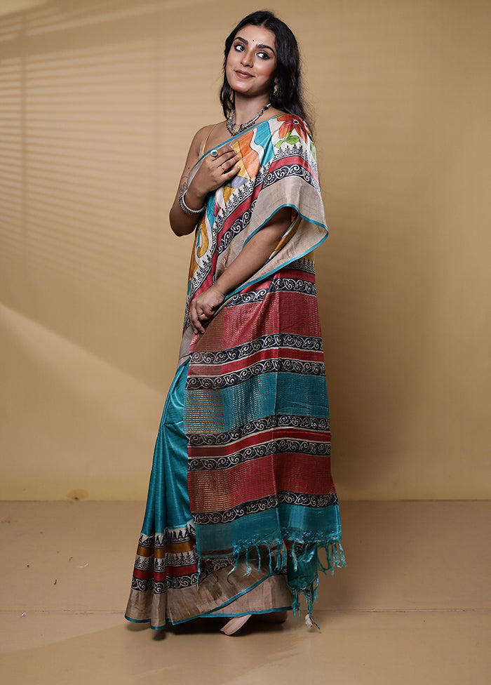 Multicolor Handloom Tussar Pure Silk Saree With Blouse Piece