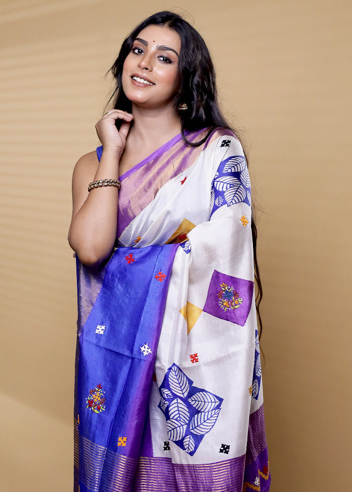 Multicolor Handloom Tussar Pure Silk Saree With Blouse Piece