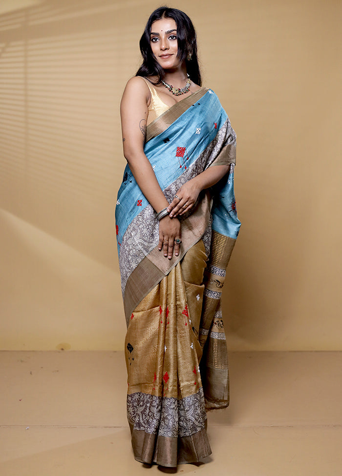 Multicolor Handloom Tussar Pure Silk Saree With Blouse Piece