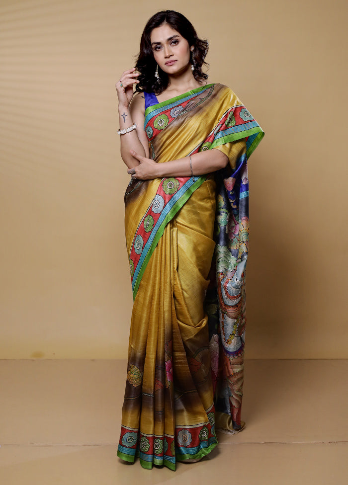 Yellow Handloom Tussar Pure Silk Saree With Blouse Piece