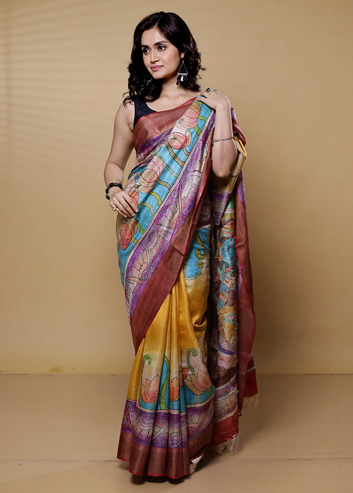 Blue Handloom Tussar Pure Silk Saree With Blouse Piece