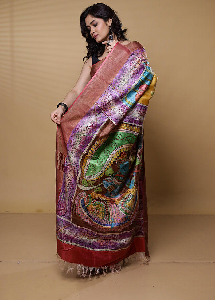 Blue Handloom Tussar Pure Silk Saree With Blouse Piece