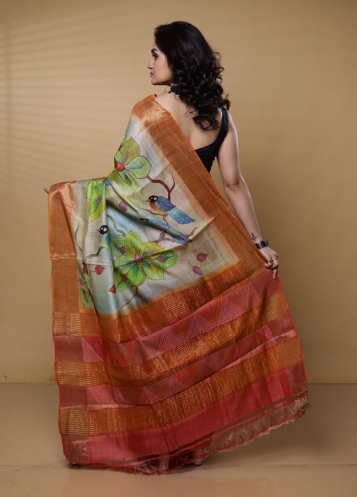 Pink Handloom Tussar Pure Silk Saree With Blouse Piece