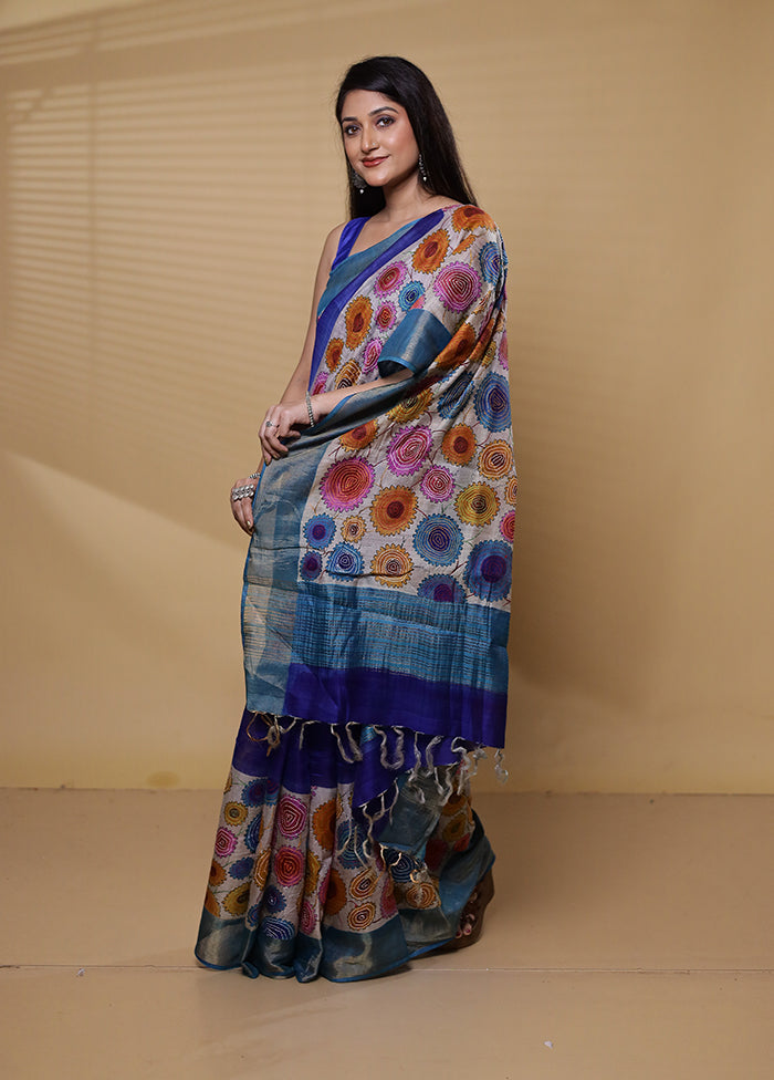 Multicolor Handloom Tussar Pure Silk Saree With Blouse Piece