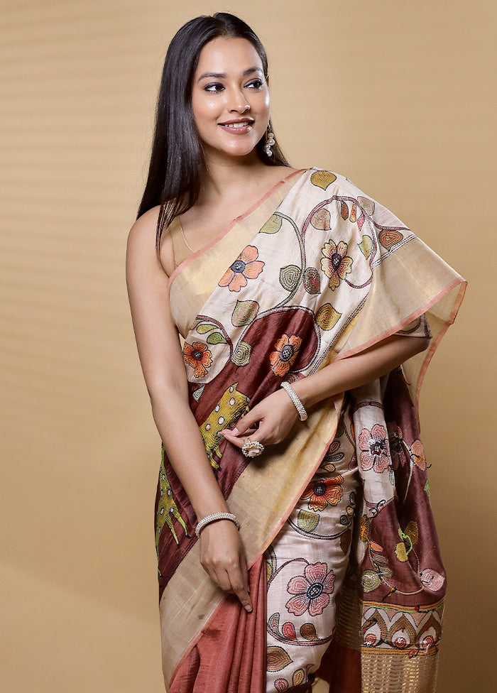 Cream Handloom Tussar Pure Silk Saree With Blouse Piece