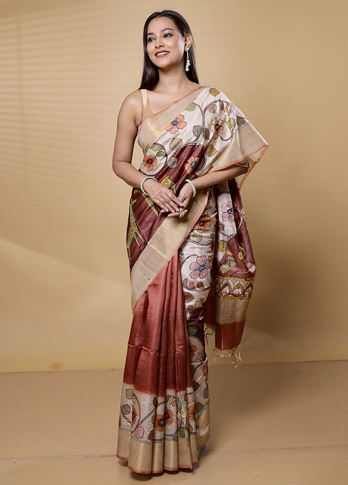 Cream Handloom Tussar Pure Silk Saree With Blouse Piece