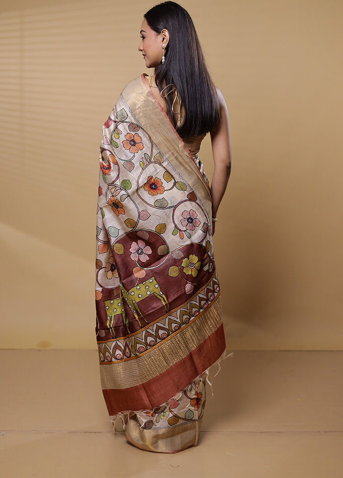 Cream Handloom Tussar Pure Silk Saree With Blouse Piece