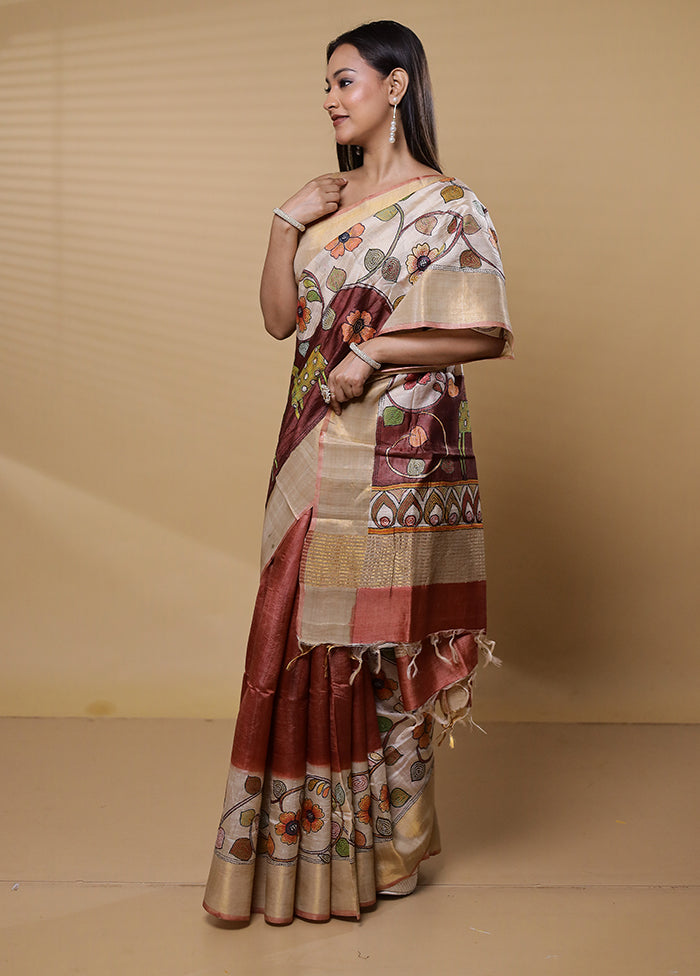 Cream Handloom Tussar Pure Silk Saree With Blouse Piece