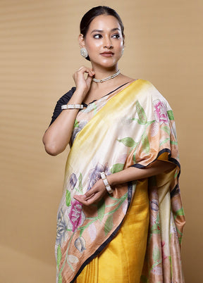 Yellow Handloom Tussar Pure Silk Saree With Blouse Piece