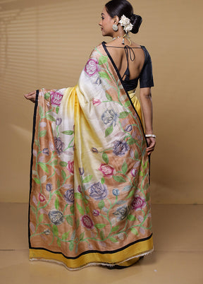 Yellow Handloom Tussar Pure Silk Saree With Blouse Piece