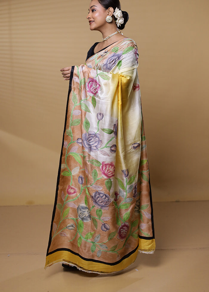 Yellow Handloom Tussar Pure Silk Saree With Blouse Piece