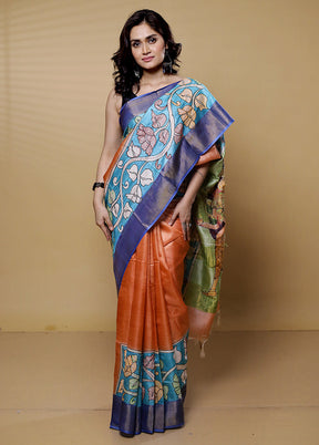 Blue Handloom Tussar Pure Silk Saree With Blouse Piece