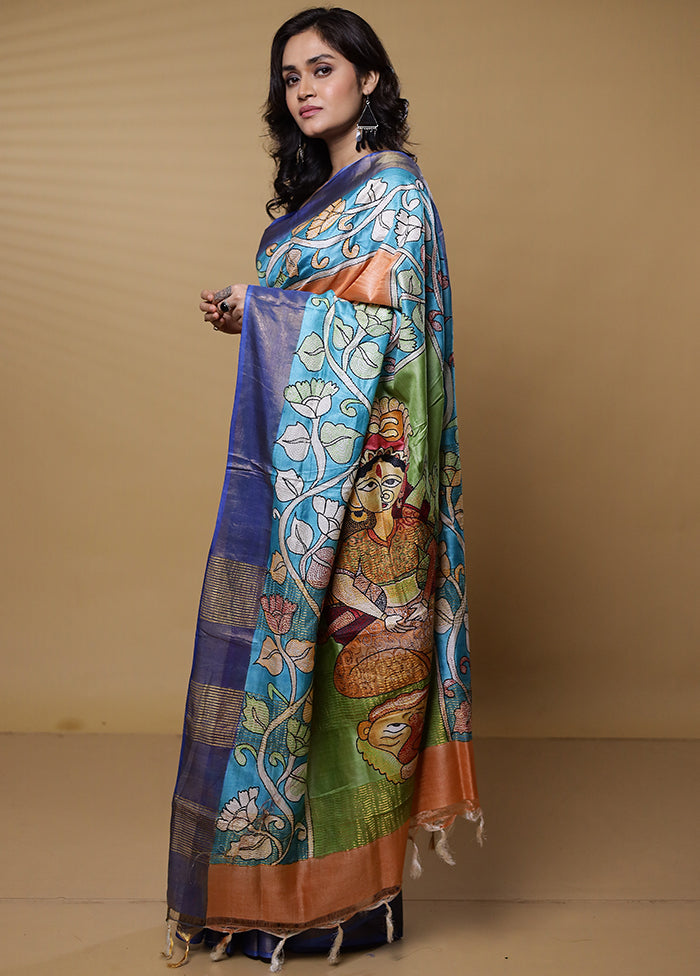 Blue Handloom Tussar Pure Silk Saree With Blouse Piece