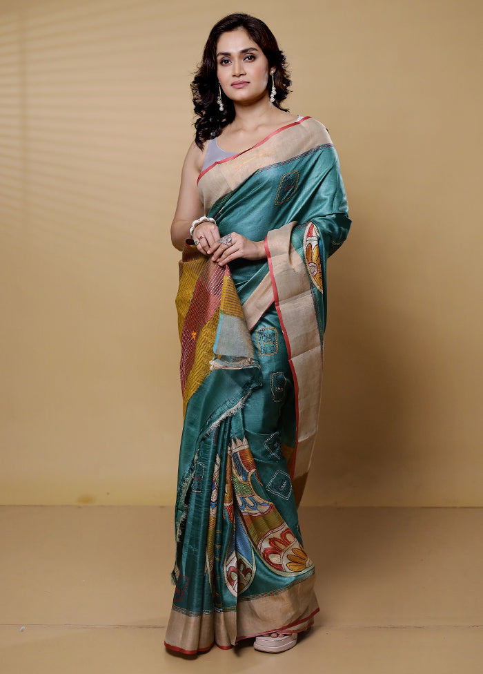 Green Handloom Tussar Pure Silk Saree With Blouse Piece