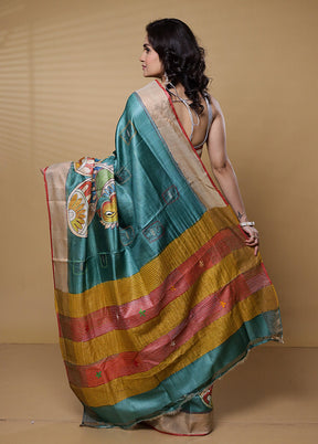 Green Handloom Tussar Pure Silk Saree With Blouse Piece