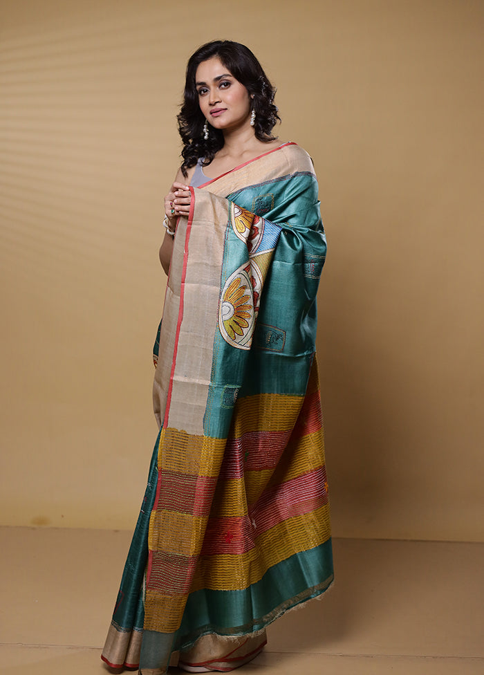 Green Handloom Tussar Pure Silk Saree With Blouse Piece