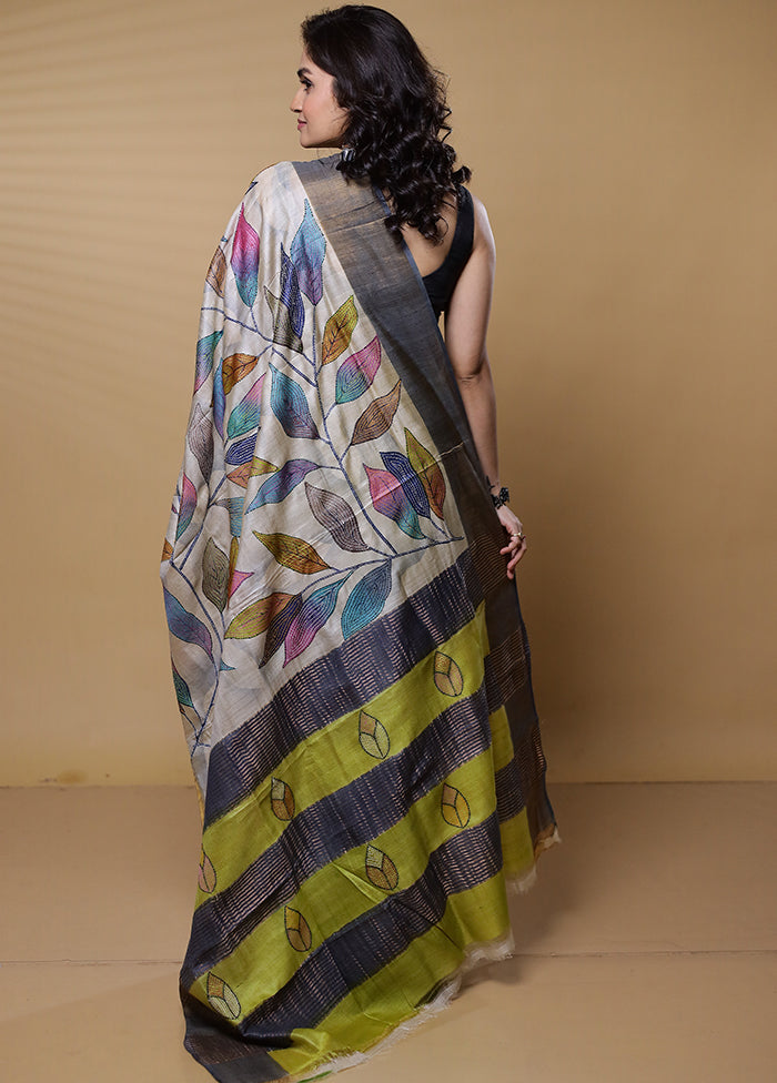 Cream Handloom Tussar Pure Silk Saree With Blouse Piece