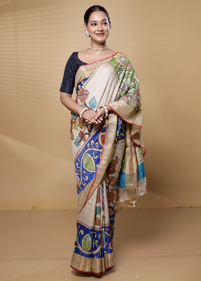 Cream Handloom Tussar Pure Silk Saree With Blouse Piece