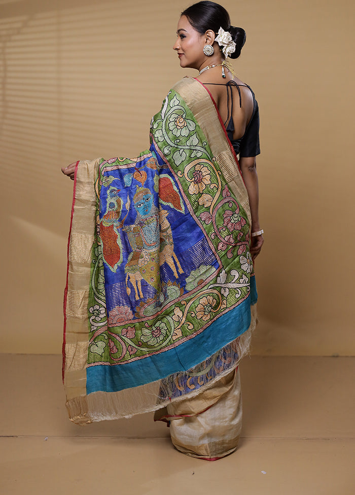 Cream Handloom Tussar Pure Silk Saree With Blouse Piece