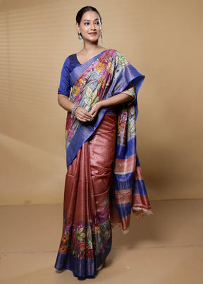 Rust Handloom Tussar Pure Silk Saree With Blouse Piece