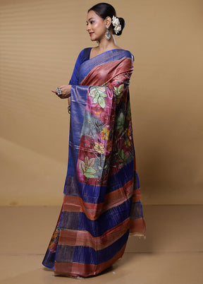 Rust Handloom Tussar Pure Silk Saree With Blouse Piece