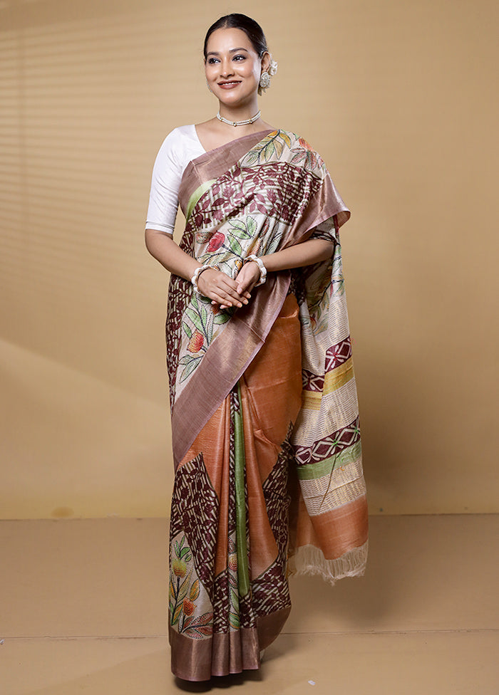 Peach Handloom Tussar Pure Silk Saree With Blouse Piece