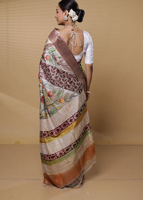 Peach Handloom Tussar Pure Silk Saree With Blouse Piece