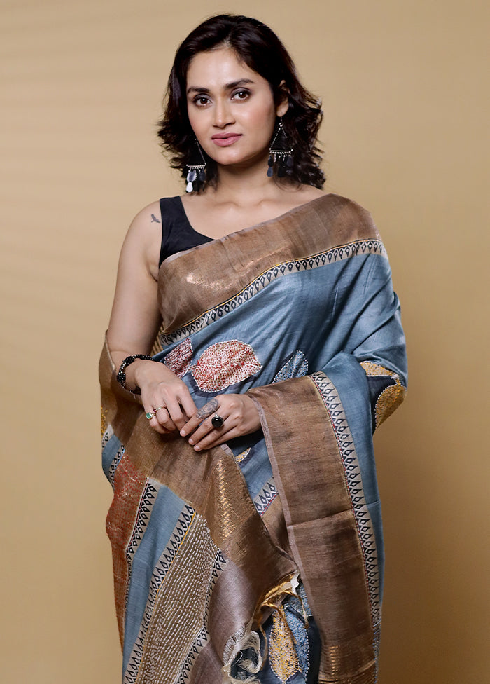 Grey Handloom Tussar Pure Silk Saree With Blouse Piece