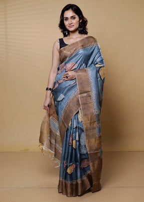 Grey Handloom Tussar Pure Silk Saree With Blouse Piece