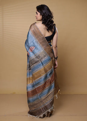 Grey Handloom Tussar Pure Silk Saree With Blouse Piece