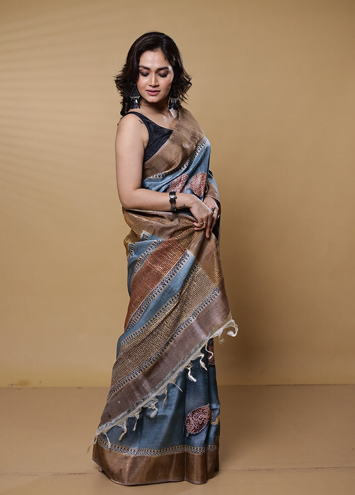 Grey Handloom Tussar Pure Silk Saree With Blouse Piece