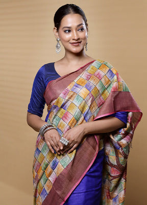 Blue Handloom Tussar Pure Silk Saree With Blouse Piece