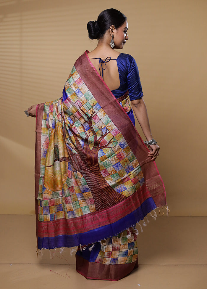 Blue Handloom Tussar Pure Silk Saree With Blouse Piece