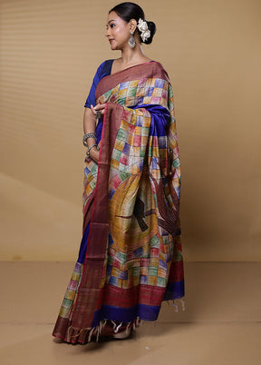 Blue Handloom Tussar Pure Silk Saree With Blouse Piece