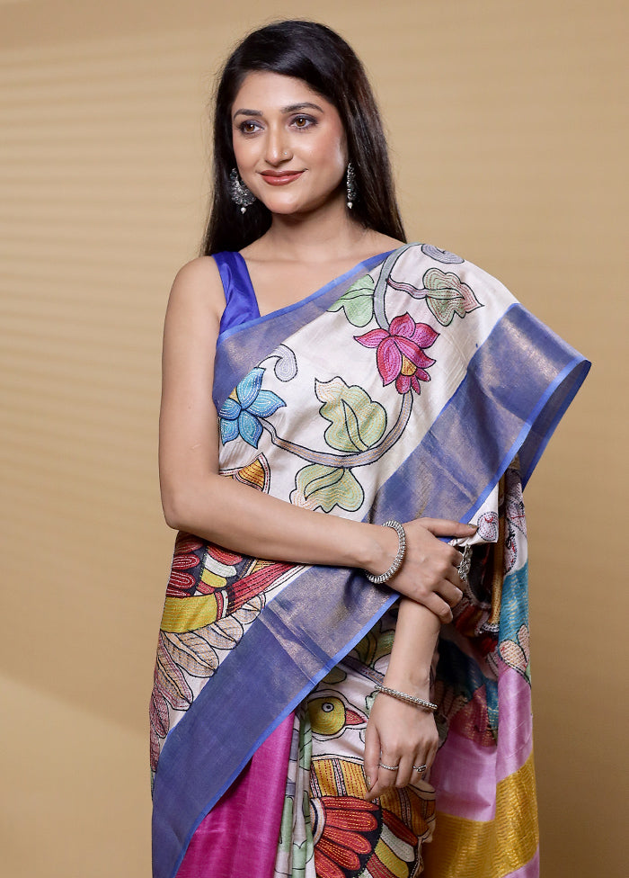 Multicolor Handloom Tussar Pure Silk Saree With Blouse Piece