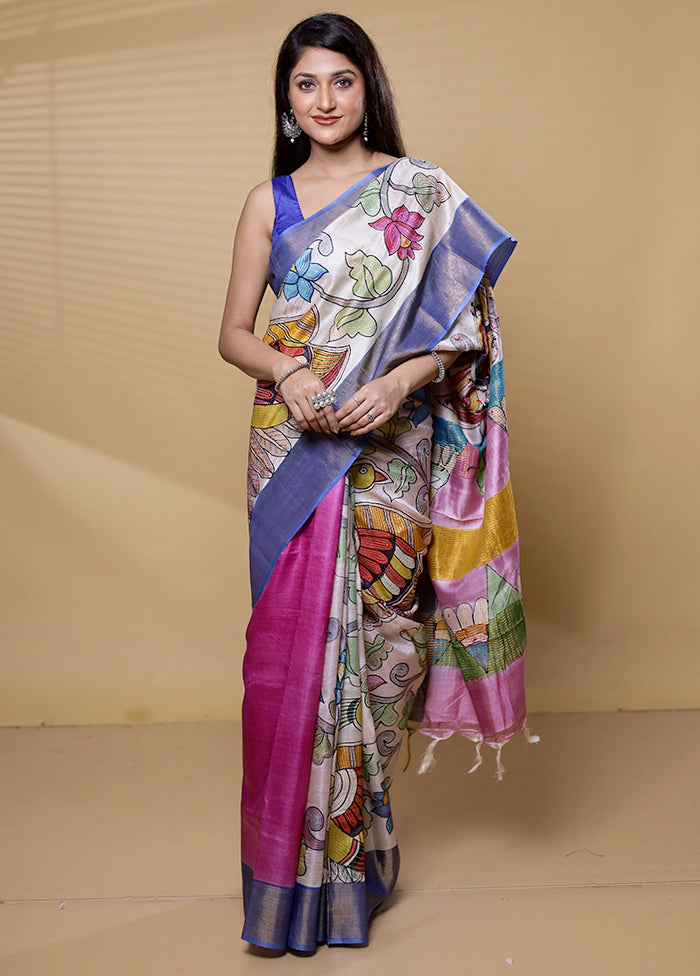 Multicolor Handloom Tussar Pure Silk Saree With Blouse Piece