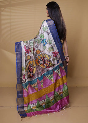 Multicolor Handloom Tussar Pure Silk Saree With Blouse Piece