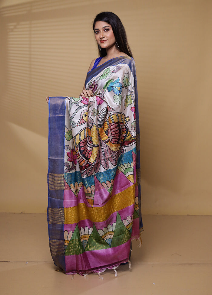 Multicolor Handloom Tussar Pure Silk Saree With Blouse Piece