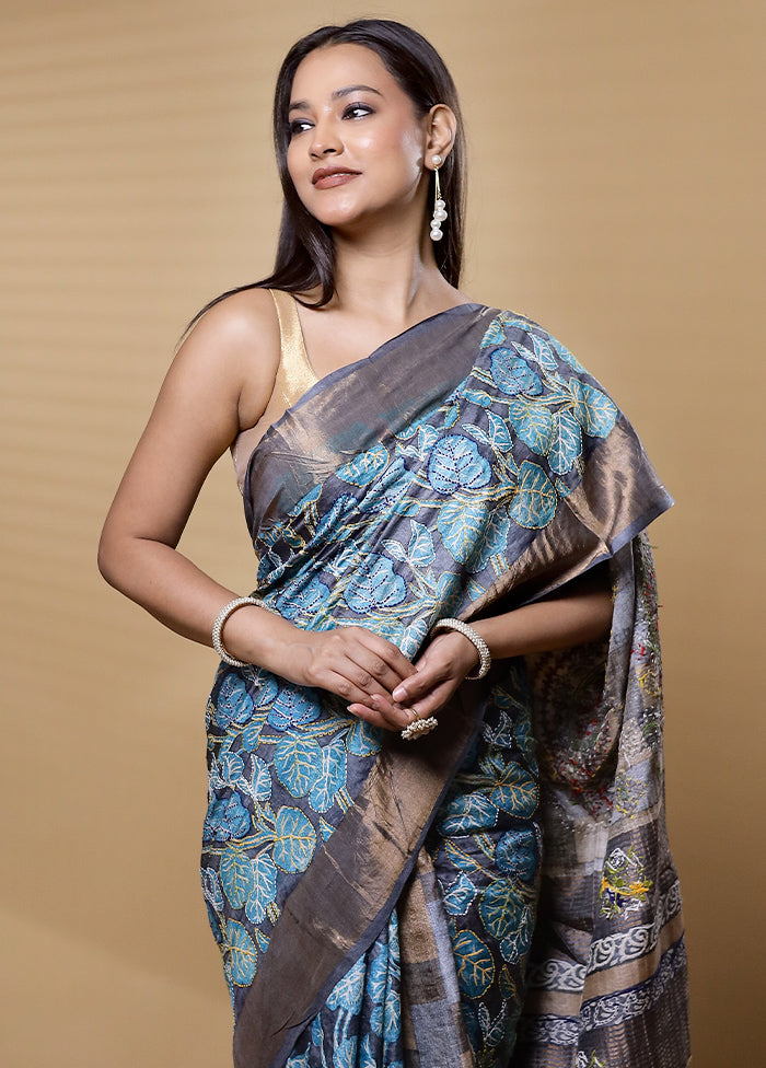 Blue Handloom Tussar Pure Silk Saree With Blouse Piece