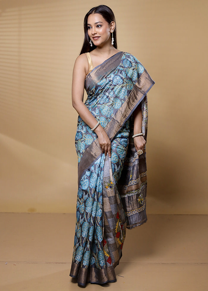 Blue Handloom Tussar Pure Silk Saree With Blouse Piece