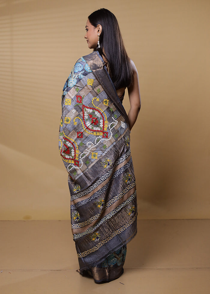 Blue Handloom Tussar Pure Silk Saree With Blouse Piece