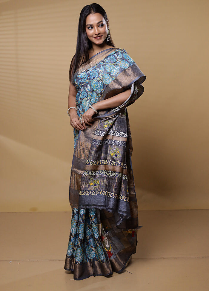 Blue Handloom Tussar Pure Silk Saree With Blouse Piece