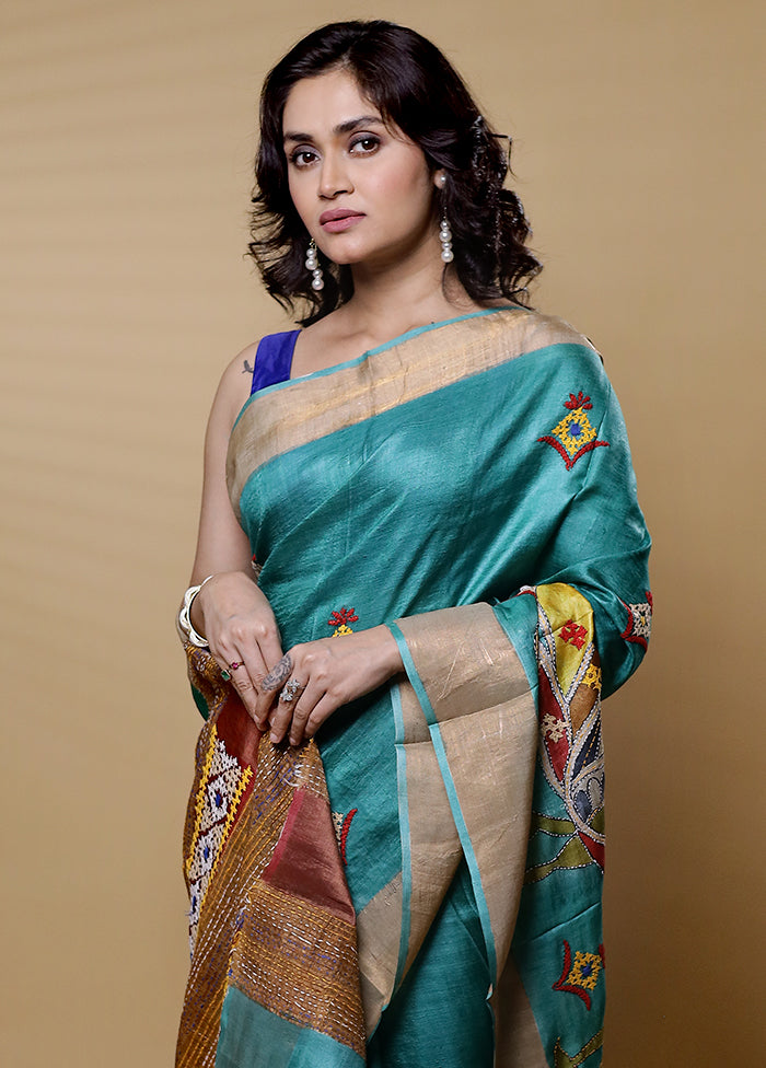 Green Handloom Tussar Pure Silk Saree With Blouse Piece