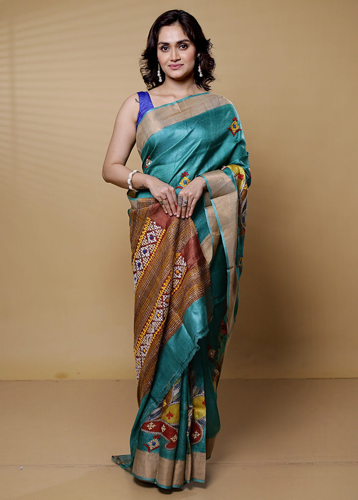 Green Handloom Tussar Pure Silk Saree With Blouse Piece