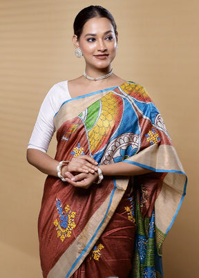 Rust Handloom Tussar Pure Silk Saree With Blouse Piece