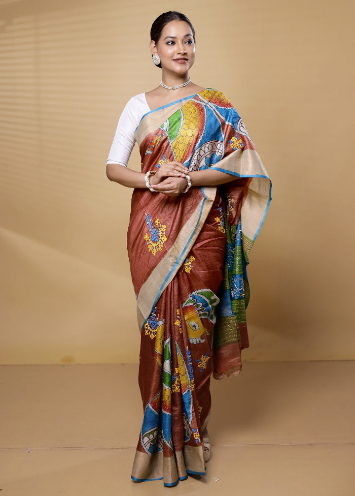 Rust Handloom Tussar Pure Silk Saree With Blouse Piece